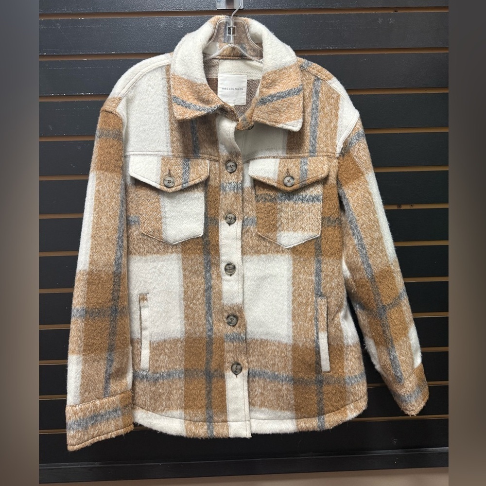 Avec Les Filles Camel Cream Plaid Shacket Jacket M